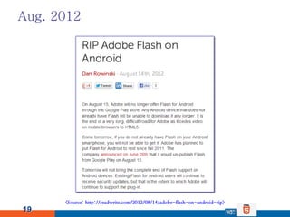 Aug. 2012




      <Source: http://readwrite.com/2012/08/14/adobe-flash-on-android-rip>
19
 