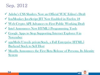 Sep. 2012
 Adobe's CSS Shaders Now an Official W3C Editor's Draft
 IonMonkey JavaScript JIT Now Enabled in Firefox 18
 ...