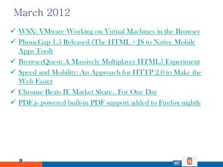 March 2012
 WSX: VMware Working on Virtual Machines in the Browser
 PhoneGap 1.5 Released (The HTML + JS to Native Mobil...