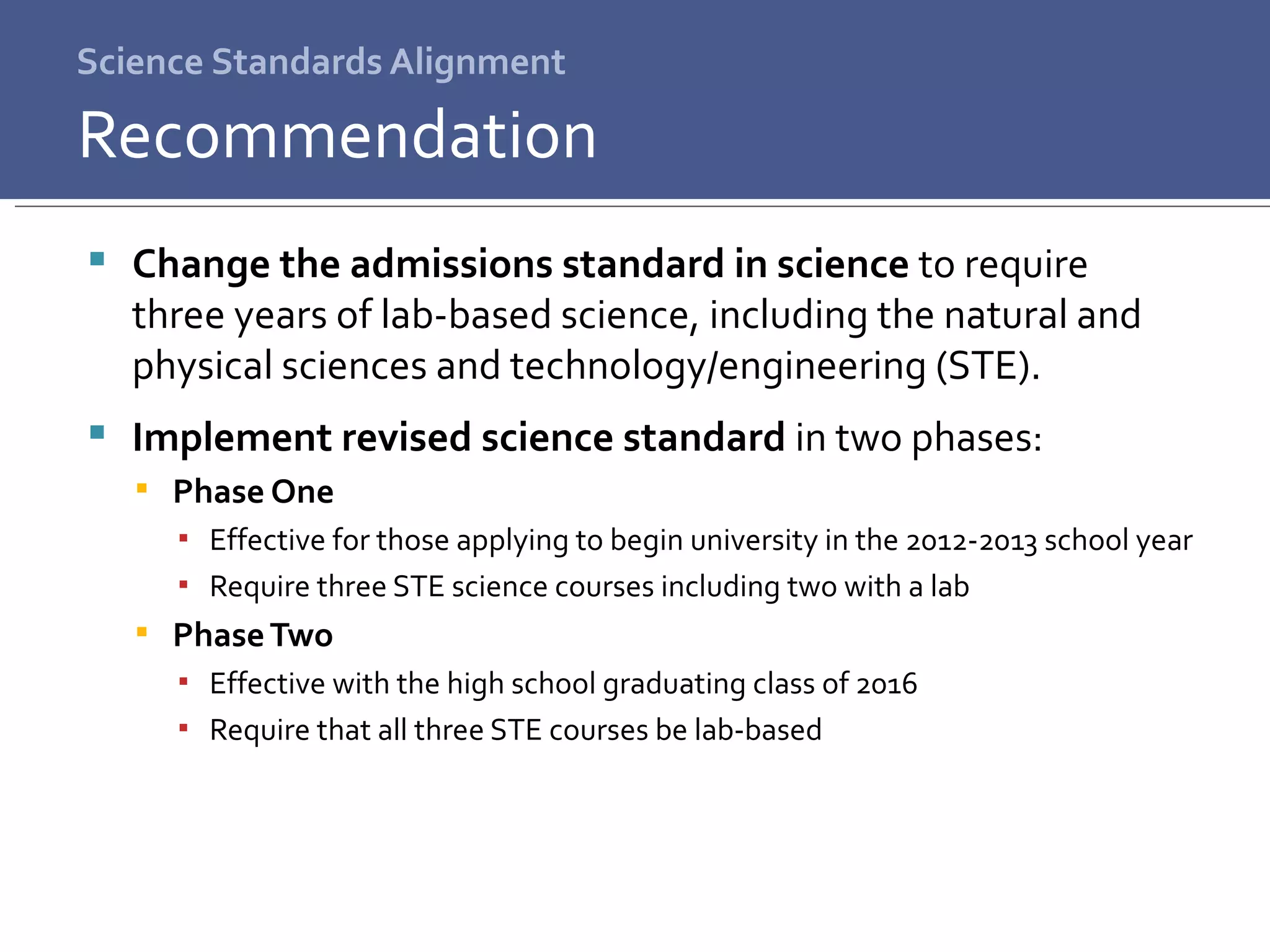 Science Standards Alignment Change the admissions standard in science  to require  three years of lab-based science, including the natural and physical sciences and technology/engineering (STE).  Implement revised science standard  in two phases: Phase One  Effective for those applying to begin university in the 2012-2013 school year  Require three STE science courses including two with a lab Phase Two Effective with the high school graduating class of 2016  Require that all three STE courses be lab-based Recommendation 