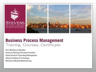 Business Process Management
Training, Courses, Certi cate
Prof. Michael zur Muehlen
Center for Business Process Innovation
Howe School of Technology Management
Stevens Institute of Technology
Michael.zurMuehlen@stevens.edu

                                         1
 