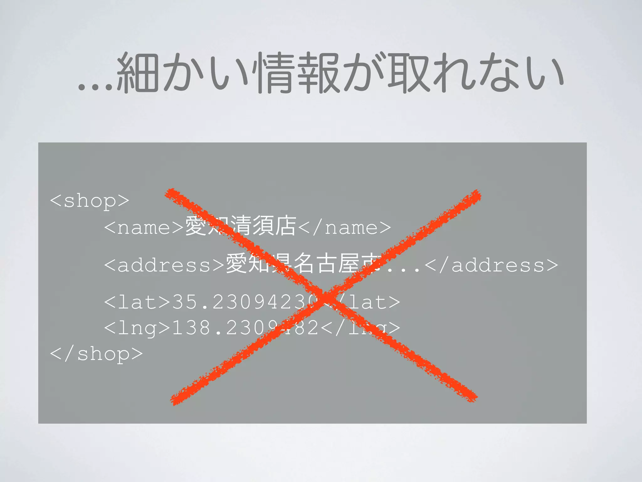 <shop>
<name> </name>
<address> ...</address>
<lat>35.23094230</lat>
<lng>138.2309482</lng>
</shop>