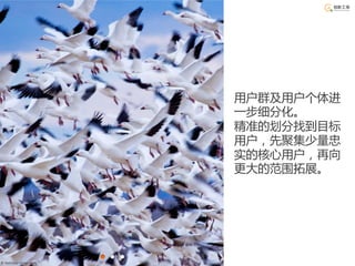 用户群及用户个体进
                       一步细分化。
                       精准的划分找到目标
                       用户，先聚集少量忠
                       实的核心用户，再向
                       更大的范围拓展。




© National Geography
 