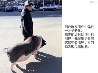 用户群及用户个体进
一步细分化。
精准的划分找到目标
用户，先聚集少量忠
实的核心用户，再向
更大的范围拓展。
 
