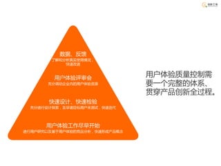 用户体验质量控制需
要一个完整的体系、
贯穿产品创新全过程。
 