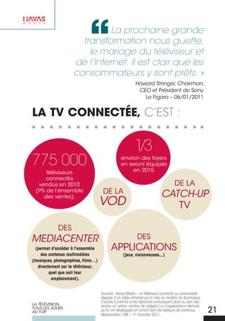 La prochaine grande
                      transformation nous guette,
                        le mariage du téléviseur et
                    de l‘Internet. Il est clair que les
                    consommateurs y sont prêts. »
                                                          Howard Stringer, Chairman,
                                                           CEO et Président de Sony.
                                                             Le Figaro – 06/01/2011


LA TV cONNEcTÉE, c’est :


                                                          1
                                                          /3
775 000                                         environ des foyers
                                                en seront équipés
                                                     en 2015.
     téléviseurs
    connectés
  vendus en 2010                                                                    DE LA
 (9% de l’ensemble                   DE LA                                 CATCH-UP
    des ventes).
                                    VOD                                       TV

             DES
mEDiACEnTEr                                                DES
 (permet d’accéder à l’ensemble           APPLICATIONS
    des contenus multimédias                      (jeux, visionneuses...)
(musiques, photographies, films…)
  directement sur le téléviseur,
        quel que soit leur
         emplacement).


                                    Sources : Havas Media – un téléviseur connecté ou connectable
                                    dispose d’un câble ethernet qui le relie au modem du fournisseur
                                    d’accès à internet et les fabricants embarquent alors au sein des
LA TÉLÉVISION,                      écrans un certain nombre de widgets (ou d’applications internet)
TOUS LES jOURS
AU TOP                              qu’ils ont développés en amont avec les éditeurs de contenus.
                                    Médiamétrie / GfK – 1er trimestre 2011.
                                                                                                        21
 