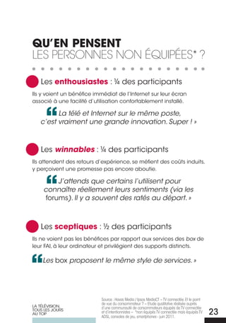 QU’EN PENSENT
Les Personnes non équiPées* ?

   Les enthousiastes : ¼ des participants
Ils y voient un bénéfice immédiat de l’Internet sur leur écran
associé à une facilité d’utilisation confortablement installé.

         La télé et internet sur le même poste,
   c’est vraiment une grande innovation. Super ! »



   Les winnables : ¼ des participants
Ils attendent des retours d’expérience, se méfient des coûts induits,
y perçoivent une promesse pas encore aboutie.

          J’attends que certains l’utilisent pour
     connaître réellement leurs sentiments (via les
      forums). il y a souvent des ratés au départ. »



   Les sceptiques : ½ des participants
Ils ne voient pas les bénéfices par rapport aux services des box de
leur FAI, à leur ordinateur et privilégient des supports distincts.

    Les box proposent le même style de services. »




                           Source : Havas Media / Ipsos MediaCT – TV connectée. Et le point
                           de vue du consommateur ? – Etude qualitative réalisée auprès
LA TÉLÉVISION,             d’une communauté de consommateurs équipés de TV connectée
TOUS LES jOURS
AU TOP                     et d’intentionnistes – *non équipés TV connectée mais équipés TV
                           ADSL, consoles de jeu, smartphones - juin 2011.
                                                                                              23
 