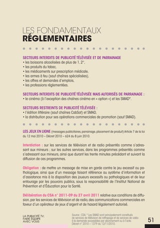 LeS fONDaMeNtauX
RéglementaiRes

SECTEURS INTERDITS DE PUBLICITÉ TÉLÉVISÉE ET DE PARRAINAGE
• les boissons alcoolisées de plus de 1, 2°,
• les produits du tabac,
• les médicaments sur prescription médicale,
• les armes à feu (sauf chaînes spécialisées),
• les offres et demandes d’emplois,
• les professions réglementées.

SECTEURS INTERDITS DE PUBLICITÉ TÉLÉVISÉE MAIS AUTORISÉS DE PARRAINAGE :
• le cinéma (à l’exception des chaînes cinéma en « option ») et les SMAD*.

SECTEURS RESTREINTS DE PUBLICITÉ TÉLÉVISÉE :
• l’édition littéraire (sauf chaînes CabSat) et SMAD,
• la distribution pour ses opérations commerciales de promotion (sauf SMAD).


LES JEUX EN LIGNE (messages publicitaires, parrainage, placement de produit) Article 7 de la loi
du 12 mai 2010 – Décret 2010 – 624 du 8 juin 2010.

Interdiction : sur les services de télévision et de radio présentés comme s’adres-
sant aux mineurs ; sur les autres services, dans les programmes présentés comme
s’adressant aux mineurs, ainsi que durant les trente minutes précédant et suivant la
diffusion de ces programmes.

Obligation : de mettre un message de mise en garde contre le jeu excessif ou pa-
thologique, ainsi que d’un message faisant référence au système d’information et
d’assistance mis à la disposition des joueurs excessifs ou pathologiques et de leur
entourage par les pouvoirs publics, sous la responsabilité de l’Institut National de
Prévention et d’Éducation pour la Santé.

Délibération du CSA n° 2011-09 du 27 avril 2011 relative aux conditions de diffu-
sion, par les services de télévision et de radio, des communications commerciales en
faveur d’un opérateur de jeux d’argent et de hasard légalement autorisé.


La PubLiCiTÉ TV,                      Source : CSA. * Les SMAD sont principalement constitués
                                      de services de télévision de rattrapage et de services de vidéo
faire ÉQuiPe
aVeC VouS                             à la demande accessibles par abonnement ou à l’acte.
                                      Décret n° 2010 – 1379 du 12/11/2010.
                                                                                                        51
 
