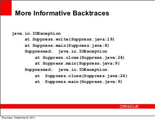 More Informative Backtraces
java.io.IOException
at Suppress.write(Suppress.java:19)
at Suppress.main(Suppress.java:8)
Supp...