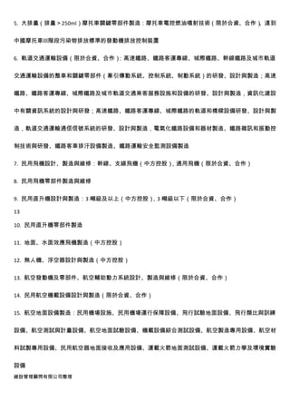 5. 大排量（排量＞250ml）摩托車關鍵零部件製造：摩托車電控燃油噴射技術（限於合資、合作）
                                              、達到


中國摩托車Ⅲ階段污染物排放標準的發動機排放控制裝置


6. 軌道交通運輸設備（限於合資、合作）：高速鐵路、鐵路客運專線、城際鐵路、幹線鐵路及城市軌道


交通運輸設備的整車和關鍵零部件（牽引傳動系統、控制系統、制動系統）的研發、設計與製造；高速


鐵路、鐵路客運專線、城際鐵路及城市軌道交通乘客服務設施和設備的研發、設計與製造，資訊化建設


中有關資訊系統的設計與研發；高速鐵路、鐵路客運專線、城際鐵路的軌道和橋樑設備研發、設計與製


造，軌道交通運輸通信信號系統的研發、設計與製造，電氣化鐵路設備和器材製造、鐵路雜訊和振動控


制技術與研發、鐵路客車排汙設備製造、鐵路運輸安全監測設備製造


7. 民用飛機設計、製造與維修：幹線、支線飛機（中方控股），通用飛機（限於合資、合作）


8. 民用飛機零部件製造與維修


9. 民用直升機設計與製造：3 噸級及以上（中方控股） 噸級以下（限於合資、合作）
                           ，3

13

10. 民用直升機零部件製造


11. 地面、水面效應飛機製造（中方控股）


12. 無人機、浮空器設計與製造（中方控股）


13. 航空發動機及零部件、航空輔助動力系統設計、製造與維修（限於合資、合作）


14. 民用航空機載設備設計與製造（限於合資、合作）


15. 航空地面設備製造：民用機場設施、民用機場運行保障設備、飛行試驗地面設備、飛行類比與訓練


設備、航空測試與計量設備、航空地面試驗設備、機載設備綜合測試設備、航空製造專用設備、航空材


料試製專用設備、民用航空器地面接收及應用設備、運載火箭地面測試設備、運載火箭力學及環境實驗


設備
維詮管理顧問有限公司整理
 