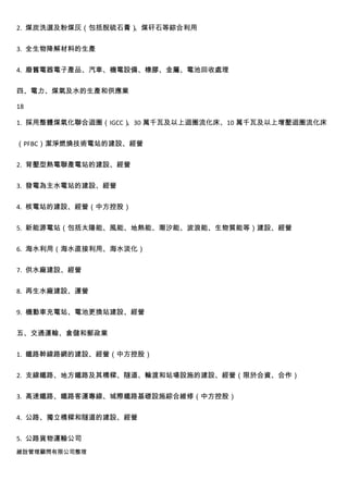 2. 煤炭洗選及粉煤灰（包括脫硫石膏）、煤矸石等綜合利用


3. 全生物降解材料的生產


4. 廢舊電器電子產品、汽車、機電設備、橡膠、金屬、電池回收處理


四、電力、煤氣及水的生產和供應業

18

1. 採用整體煤氣化聯合迴圈（IGCC）、30 萬千瓦及以上迴圈流化床、10 萬千瓦及以上增壓迴圈流化床


（PFBC）潔淨燃燒技術電站的建設、經營


2. 背壓型熱電聯產電站的建設、經營


3. 發電為主水電站的建設、經營


4. 核電站的建設、經營（中方控股）


5. 新能源電站（包括太陽能、風能、地熱能、潮汐能、波浪能、生物質能等）建設、經營


6. 海水利用（海水直接利用、海水淡化）


7. 供水廠建設、經營


8. 再生水廠建設、運營


9. 機動車充電站、電池更換站建設、經營


五、交通運輸、倉儲和郵政業


1. 鐵路幹線路網的建設、經營（中方控股）


2. 支線鐵路、地方鐵路及其橋樑、隧道、輪渡和站場設施的建設、經營（限於合資、合作）


3. 高速鐵路、鐵路客運專線、城際鐵路基礎設施綜合維修（中方控股）


4. 公路、獨立橋樑和隧道的建設、經營


5. 公路貨物運輸公司
維詮管理顧問有限公司整理
 
