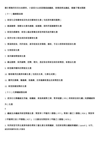 顯示幕專用系列光刻漿料、小直徑大比表面積超細纖維、高精度燃油濾紙、鋰離子電池隔膜


（十一）醫藥製造業


1. 新型化合物藥物或活性成份藥物的生產（包括原料藥和製劑）


2. 氨基酸類：發酵法生產色氨酸、組氨酸、飼料用蛋氨酸等生產


3. 新型抗癌藥物、新型心腦血管藥及新型神經系統用藥生產


4. 採用生物工程技術的新型藥物生產


5. 愛滋病疫苗、丙肝疫苗、避孕疫苗及宮頸癌、瘧疾、手足口病等新型疫苗生產


6. 生物疫苗生產


7. 海洋藥物開發與生產


8. 藥品製劑：採用緩釋、控釋、靶向、透皮吸收等新技術的新劑型、新產品生產


9. 新型藥用輔料的開發及生產


10. 動物專用抗菌原料藥生產（包括抗生素、化學合成類）


11. 獸用抗菌藥、驅蟲藥、殺蟲藥、抗球蟲藥新產品及新劑型生產


12. 新型診斷試劑的生產


（十二）化學纖維製造業


1. 差別化化學纖維及芳綸、碳纖維、高強高模聚乙烯、聚苯硫醚（PPS）等高新技術化纖（粘膠纖維除


外）生產

4

2. 纖維及非纖維用新型聚酯生產：聚對苯二甲酸丙二醇酯（PTT）、聚葵二酸乙二醇酯（PEN）、聚對苯


二甲酸環己烷二甲醇酯（PCT）、二元醇改性聚對苯二甲酸乙二醇酯（PETG）


3. 利用新型可再生資源和綠色環保工藝生產生物質纖維，包括新溶劑法纖維素纖維（Lyocell）
                                              、以竹、
維詮管理顧問有限公司整理
 