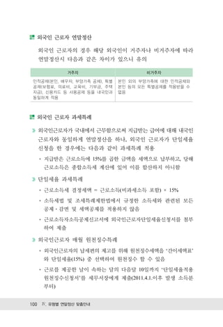 외국인 근로자 연말정산

  외국인 근로자의 경우 해당 외국인이 거주자나 비거주자에 따라
  연말정산시 다음과 같은 차이가 있으니 유의

            거주자                       비거주자

 인적공제(본인, 배우자, 부양가족 공제), 특별   본인 외의 부양가족에 대한 인적공제와
 공제(보험료, 의료비, 교육비, 기부금, 주택    본인 등의 모든 특별공제를 적용받을 수
 자금), 신용카드 등 사용공제 등을 내국인과     없음
 동일하게 적용



  외국인 근로자 과세특례

  외국인근로자가 국내에서 근무함으로써 지급받는 급여에 대해 내국인
  근로자와 동일하게 연말정산을 하나, 외국인 근로자가 단일세율
  신청을 한 경우에는 다음과 같이 과세특례 적용
    지급받은 근로소득에 15%를 곱한 금액을 세액으로 납부하고, 당해
    근로소득은 종합소득세 계산에 있어 이를 합산하지 아니함

  단일세율 과세특례
    근로소득세 결정세액 = 근로소득(비과세소득 포함) × 15%
    소득세법 및 조세특례제한법에서 규정한 소득세와 관련된 모든
    공제 감면 및 세액공제를 적용하지 않음

    근로소득자소득공제신고서에 외국인근로자단일세율신청서를 첨부
    하여 제출

  외국인근로자 매월 원천징수특례
    외국인근로자의 납세편의 제고를 위해 원천징수세액을 ‘간이세액표’
    와 단일세율(15%) 중 선택하여 원천징수 할 수 있음
    근로를 제공한 날이 속하는 달의 다음달 10일까지 ‘단일세율적용
    원천징수신청서’를 세무서장에게 제출(2011.4.1.이후 발생 소득분
    부터)


100 Ⅳ. 유형별 연말정산 맞춤안내
 