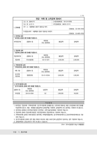 (7 쪽)

                           연금ㆍ저축 등 소득공제 명세서
          ①상 호 : 봄씨네 죽                        ②사업자등록번호 : 100-34-56789
          ③성 명 : 금 잔 디                        ④주민등록번호 : 680101-2111111

1. 인적사항   ⑤주 소 : 서울특별시 종로구 종로5길 1번지
                                                                   (전화번호 : 02-7676-7676)
          ⑥사업장소재지 : 서울특별시 종로구 종로5길 100번지
                                                                   (전화번호 : 02-8676-7676)
2. 퇴직연금 공제
* 퇴직연금 공제에 대한 명세를 작성합니다.
                                계좌번호
퇴직연금구분       금융회사 등                                  불입금액                공제금액
                              (또는 증권번호)



3. 연금저축 공제
* 연금저축 공제에 대한 명세를 작성합니다.
                                계좌번호
연금저축구분       금융회사 등                                  불입금액                공제금액
                              (또는 증권번호)
 연금저축        우리사랑은행            123-12-12211          2,400,000           2,400,000


4. 주택마련저축 공제
* 주택마련저축 공제에 대한 명세를 작성합니다.
                                계좌번호
 저축 구분       금융회사 등                                  불입금액                공제금액
                              (또는 증권번호)
 장기주택
              영원한은행           123-12-122334         3,000,000            1,200,000
 마련저축



5. 장기주식형저축 공제
* 장기주식형저축 공제에 대한 명세를 작성합니다.
              계좌번호
금융회사 등                          납입연차                 불입금액                공제금액
            (또는 증권번호)
 부자은행       333-25-23561          2년                1,000,000            100,000




                                    작성방법
1. 퇴직연금ㆍ연금저축ㆍ주택마련저축ㆍ장기주식형저축 공제를 받는 소득자에 대해서는 해당 소득공제에 대한 명세를
   작성하여야 합니다. 해당 계좌별로 불입금액과 공제금액을 기재하며, 공제금액이 0인 경우에는 기재하지 아니합니다.
2. 퇴직연금 공제에서 퇴직연금구분란은 퇴직연금ㆍ과학기술인공제회로 구분하여 적습니다.
3. 연금저축 공제의 연금저축구분란은 개인연금저축과 연금저축으로 구분하여 적습니다.
4. 주택마련저축 공제의 저축구분란은 청약저축, 주택청약종합저축, 장기주택마련저축 및 근로자주택마련저축으로 구분
   하여 적습니다.
5. 장기주식형저축 공제의 경우 동일 계좌라 하더라도 해당 과세기간에 납입연차가 달라지는 경우 구분하여 적습니다.
6. 공제금액란은 근로소득자가 적지 아니할 수 있습니다.
                                                         210㎜× 297㎜(일반용지 60g/㎡(재활용품))



110 Ⅴ. 참고자료
 