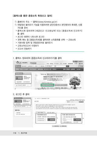 [홈택스를 통한 종합소득 확정신고 절차]

      홈페이지 주소 → 홈택스(www.hometax.go.kr)
      연말정산 불러오기 기능을 이용하려면 공인인증서나 본인명의의 휴대폰, 신용
      카드를 준비
  ∙   홈택스에 접속하여 [세금신고 ․ 신고분납부] 또는 [종합소득세 신고하기]
      를 클릭
  ∙   로그인 화면이 나타나면 로그인
  ∙   왼쪽 메뉴 중 [종합소득세]를 클릭하면 소득종류를 선택 → 근로소득
  ∙   기본사항 입력 및 연말정산자료 불러오기
  ∙   근로소득신고서 수정하기
  ∙   신고서 전송하기



1. 홈택스 접속하여 [종합소득세 신고하러가기]를 클릭




2. 로그인 후 클릭




118 Ⅴ. 참고자료
 