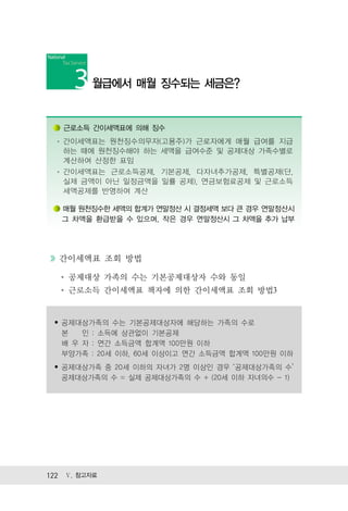 월급에서 매월 징수되는 세금은?


   근로소득 간이세액표에 의해 징수
   간이세액표는 원천징수의무자(고용주)가 근로자에게 매월 급여를 지급
   하는 때에 원천징수해야 하는 세액을 급여수준 및 공제대상 가족수별로
   계산하여 산정한 표임
   간이세액표는 근로소득공제, 기본공제, 다자녀추가공제, 특별공제(단,
   실제 금액이 아닌 일정금액을 일률 공제), 연금보험료공제 및 근로소득
   세액공제를 반영하여 계산

   매월 원천징수한 세액의 합계가 연말정산 시 결정세액 보다 큰 경우 연말정산시
   그 차액을 환급받을 수 있으며, 작은 경우 연말정산시 그 차액을 추가 납부




  간이세액표 조회 방법

    공제대상 가족의 수는 기본공제대상자 수와 동일
    근로소득 간이세액표 책자에 의한 간이세액표 조회 방법3


 • 공제대상가족의 수는 기본공제대상자에 해당하는 가족의 수로
   본   인 : 소득에 상관없이 기본공제
   배 우 자 : 연간 소득금액 합계액 100만원 이하
   부양가족 : 20세 이하, 60세 이상이고 연간 소득금액 합계액 100만원 이하
 • 공제대상가족 중 20세 이하의 자녀가 2명 이상인 경우 ‘공제대상가족의 수’
   공제대상가족의 수 = 실제 공제대상가족의 수 + (20세 이하 자녀의수 - 1)




122 Ⅴ. 참고자료
 