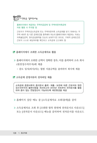 이것만은 알아두세요

   홈페이지에서 제공하는 주택자금공제 및 주택마련저축공제
   자료 활용 시 주의할 점

   근로자가 주택자금소득공제 또는 주택마련저축 소득공제를 받기 위해서는 무
   주택 세대주 등 다른 공제요건을 충족해야 하는데 홈페이지에서 제공하는 자료는
   저축불입금액, 원리금상환액을 단순히 보여주기만 하므로, 구체적 공제요건은
   근로자 스스로 해당여부를 확인하고 소득공제 신고해야 함




  홈페이지에서 조회한 소득공제자료 활용


  홈페이지에서 조회한 금액이 정확한 경우, 이를 출력하여 소속 회사
  (원천징수의무자)에 제출
    중도 입사(퇴사)자는 월별 지출금액을 출력하여 회사에 제출


  소득공제 증명서류의 전자파일 제출


  소득공제 증명서류의 종이문서 출력 제출 보관에 따른 근로자와 원천
  징수의무자의 불편사항을 개선하고자 2010년 귀속부터 전자문서를 활용
  하여 종이 없는 연말정산이 가능하도록 제반환경을 제공



  홈페이지 상단 메뉴 중 [소득공제자료 조회/출력]을 클릭


  소득공제자료 조회 후 [조회한 항목 한번에 전자문서로 다운로드]
  또는 [전자문서 다운로드] 메뉴를 클릭하여 전자문서를 다운로드




128 Ⅴ. 참고자료
 