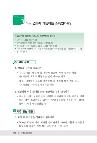 어느 연도에 해당하는 소득인가요?


 수입시기에 의하여 근로소득 귀속연도가 결정됨
 ∙ 급여 : 근로를 제공한 날
 ∙ 잉여금처분에 의한 상여：잉여금 처분결의일
 ∙ 인정상여：당해 사업연도 중의 근로를 제공한 날
 ∙ 퇴직소득에 속하지 아니하는 퇴직위로금ㆍ퇴직공로금 등：지급받거나 지급
  받기로 한 날




    유의 사항

   성과급 상여의 귀속시기
    자산수익률 매출액 등 계량적 요소에 따라 성과급 지급
    > 계량적 요소가 확정되는 날이 속하는 연도
    계량 비계량적 요소를 평가하여 그 결과에 따라 차등 지급
    > 개인별 지급액이 확정되는 연도


   연말정산 이후 급여를 소급 인상하는 경우 귀속시기
    급여를 소급인상하고 이미 지급된 금액과의 차액을 추가로 지급
    하는 경우 소급인상분 급여는 “근로제공일이 속하는 연 월”의
    급여로 보아 연말정산을 함


  자주 묻는 질문

   퇴직 후 지급받은 성과급의 귀속시기

    2010년 12월에 이미 퇴사한 근로자에게 2011년 3월에 성과급이
    확정되어 지급한 경우 2011년도 귀속 근로소득임


030 Ⅱ. 근로소득의 이해
 