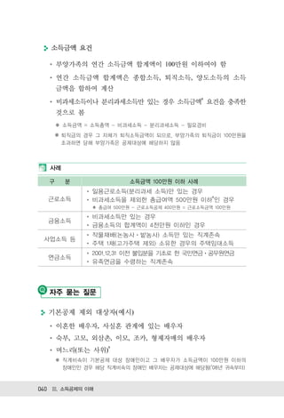 소득금액 요건

       부양가족의 연간 소득금액 합계액이 100만원 이하여야 함
       연간 소득금액 합계액은 종합소득, 퇴직소득, 양도소득의 소득
       금액을 합하여 계산
       비과세소득이나 분리과세소득만 있는 경우 소득금액 요건을 충족한
       것으로 봄
       ✽ 소득금액 = 소득총액 - 비과세소득 - 분리과세소득 - 필요경비
       ※ 퇴직금의 경우 그 자체가 퇴직소득금액이 되므로, 부양가족의 퇴직금이 100만원을
         초과하면 당해 부양가족은 공제대상에 해당하지 않음



   사례

   구     분                 소득금액 100만원 이하 사례
                일용근로소득(분리과세 소득)만 있는 경우
  근로소득          비과세소득을 제외한 총급여액 500만원 이하 인 경우
                ✽ 총급여 500만원 - 근로소득공제 400만원 = 근로소득금액 100만원

                비과세소득만 있는 경우
  금융소득
                금융소득의 합계액이 4천만원 이하인 경우
                작물재배(논농사 밭농사) 소득만 있는 직계존속
 사업소득 등
                주택 1채(고가주택 제외) 소유한 경우의 주택임대소득
                2001.12.31 이전 불입분을 기초로 한 국민연금 공무원연금
  연금소득
                유족연금을 수령하는 직계존속




   자주 묻는 질문

  기본공제 제외 대상자(예시)
       이혼한 배우자, 사실혼 관계에 있는 배우자
       숙부, 고모, 외삼촌, 이모, 조카, 형제자매의 배우자
       며느리(또는 사위)
       ✽ 직계비속이 기본공제 대상 장애인이고 그 배우자가 소득금액이 100만원 이하의
         장애인인 경우 해당 직계비속의 장애인 배우자는 공제대상에 해당됨( 08년 귀속부터)



040 Ⅲ. 소득공제의 이해
 