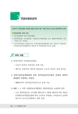 연금보험료공제


 근로자가 연금보험료 부담분 등을 납부한 경우, 해당 연도의 근로소득금액에서 공제

   연금보험료 공제 대상
 ∙ 국민연금법에 의한 연금보험료
 ∙ 공무원연금법ㆍ군인연금법ㆍ사립학교교직원연금법 또는 별정우체국법에 의한
   기여금 또는 부담금
 ∙ 근로자퇴직급여 보장법 또는 과학기술인공제회법에 따라 근로자가 부담하는
   부담금(연금저축불입액과 합하여 연 400만원을 한도로 공제)




    유의 사항

  부양가족의 국민연금보험료

    근로자 본인의 부담금만 공제 가능

    배우자, 부양가족 명의의 불입금은 근로자 본인이 공제 불가능


   과학기술인공제회법에 따른 퇴직연금급여사업의 운영을 위하여
  종업원이 부담하는 부담금

    2008년부터 퇴직연금부담금으로 공제 가능


  2002. 1. 1. 이후 사립학교교직원연금 개인부담금을 소급하여 납부

    소급 개인부담금은 소득세법 제51조의 3 제1항 제2호에 따른 부담금
    (사립학교교직원연금법에 따라 근로자가 부담하는 기여금)으로 납부한
    연도의 근로소득금액에서 전액 공제



046 Ⅲ. 소득공제의 이해
 