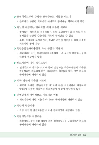 보험회사로부터 수령한 보험금으로 지급한 의료비
 근로자가 부담한 의료비가 아니므로 공제대상 의료비에서 차감

형님이 부양하는 아버지를 위해 지출한 의료비
 형제들이 아버지의 수술비를 나누어 부담하였다고 하여도 다른
 형제들은 부담한 수술비를 의료비 공제받을 수 없음
 또한, 아버지를 모시고 있는 형님은 본인이 아버지를 위해 지출한
 의료비만 공제 가능

일반응급환자이송업체 소속 구급차 이용비
 의료기관이 아닌 일반응급환자이송업체 소속 구급차 이용료는 공제
 대상에 해당하지 않음

의료기관이 아닌 특수교육원
 언어치료사 자격증 소지자 등이 운영하는 특수교육원에 지출한
 비용이라도 의료법에 의한 의료기관에 해당되지 않은 경우 의료비
 공제대상에 해당하지 않음

외국 병원에 지출한 의료비
 외국에 소재한 병원(의료법 제3조에 따른 의료기관에 해당하지
 않음)에 지출한 의료비는 의료비공제 대상에 해당하지 않음

간병인에게 개인적으로 지급되는 비용
 의료기관에 대한 지출이 아니므로 공제대상에 해당하지 않음

진단서 발급비용
 각종 진단서 발급비용은 의료비 공제대상에 해당하지 않음

건강기능식품 구입비용
 건강기능식품에 관한 법률에 의한 건강기능식품 구입비용은 의료비
 공제대상에 해당하지 않음



                           02_의료비 공제 055
 