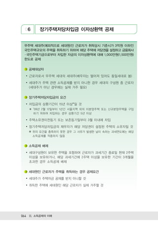 06     장기주택저당차입금 이자상환액 공제


 무주택 세대주(예외적으로 세대원)인 근로자가 취득당시 기준시가 3억원 이하인
 국민주택규모의 주택을 취득하기 위하여 해당 주택에 저당권을 설정하고 금융회사
 ․ 국민주택기금으로부터 차입한 자금의 이자상환액에 대해 1,000만원(1,500만원)
 한도로 공제


   공제대상자

  ∙ 근로자로서 무주택 세대의 세대주(배우자는 떨어져 있어도 동일세대로 봄)

  ∙ 세대주가 주택 관련 소득공제를 받지 아니한 경우 세대의 구성원 중 근로자
    (세대주가 아닌 경우에는 실제 거주 필요)


   장기주택저당차입금의 요건

  ∙ 차입금의 상환기간이 15년 이상*일 것
   ✽ 09년 2월 12일부터 1년간 서울지역 외의 미분양주택 또는 신규분양주택을 구입
     하기 위하여 차입하는 경우 상환기간 5년 이상

  ∙ 주택소유권이전등기 또는 보존등기일부터 3월 이내에 차입

  ∙ 장기주택저당차입금의 채무자가 해당 저당권이 설정된 주택의 소유자일 것
   ※ 위의 요건을 충족하지 못한 경우 그 사유가 발생한 날이 속하는 과세연도에는 해당
     소득공제를 적용하지 않음


   소득공제 배제

  ∙ 세대구성원이 보유한 주택을 포함하여 근로자가 과세기간 종료일 현재 2주택
    이상을 보유하거나, 해당 과세기간에 2주택 이상을 보유한 기간이 3개월을
    초과한 경우 소득공제 배제


   세대원인 근로자가 주택을 취득하는 경우 공제요건

  ∙ 세대주가 주택자금 공제를 받지 아니할 것

  ∙ 취득한 주택에 세대원인 해당 근로자가 실제 거주할 것




064 Ⅲ. 소득공제의 이해
 