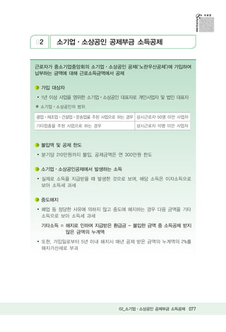 02    소기업ㆍ소상공인 공제부금 소득공제


근로자가 중소기업중앙회의 소기업ㆍ소상공인 공제( 노란우산공제 )에 가입하여
납부하는 금액에 대해 근로소득금액에서 공제


 가입 대상자

∙ 1년 이상 사업을 영위한 소기업ㆍ소상공인 대표자로 개인사업자 및 법인 대표자
※ 소기업ㆍ소상공인의 범위

광업 제조업 건설업 운송업을 주된 사업으로 하는 경우 상시근로자 50명 미만 사업자

기타업종을 주된 사업으로 하는 경우           상시근로자 10명 미만 사업자



 불입액 및 공제 한도

∙ 분기당 210만원까지 불입, 공제금액은 연 300만원 한도


 소기업ㆍ소상공인공제에서 발생하는 소득

∙ 실제로 소득을 지급받을 때 발생한 것으로 보며, 해당 소득은 이자소득으로
  보아 소득세 과세


 중도해지

∙ 폐업 등 정당한 사유에 의하지 않고 중도에 해지하는 경우 다음 금액을 기타
  소득으로 보아 소득세 과세

 기타소득 = 해지로 인하여 지급받은 환급금 - 불입한 금액 중 소득공제 받지
        않은 금액의 누계액

∙ 또한, 가입일로부터 5년 이내 해지시 매년 공제 받은 금액의 누계액의 2%를
  해지가산세로 부과




                        02_소기업ㆍ소상공인 공제부금 소득공제 077
 