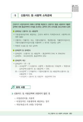 05     신용카드 등 사용액 소득공제


근로자가 사업자로부터 재화나 용역을 제공받고 신용카드 등을 사용하여 지출한
금액에 대해 총급여액의 25%를 초과하는 금액의 20% (25%)를 근로소득에서 공제

 공제대상 신용카드 등 사용금액
∙ 기본공제대상자에 해당하는 근로자 ․ 배우자 ․ 직계존비속의 사용액(나이
  제한 없음)
∙ 신용카드ㆍ직불카드 또는 기명식선불카드, 현금영수증, 직불전자지급수단,
  기명식선불전자지급수단을 이용하여 그 대가로 지급하는 금액
∙ 학원의 수강료 중 지로 납부액

 공제금액 및 공제한도
∙ 공제금액 : (신용카드 등 사용금액 - 총급여액의 25%) ✕ 20%(25%)
∙ 공제한도 : Min(300만원, 총급여액의 20%)

 공제금액 계산
∙ 공제금액 = ㉮ + ㉯
  ㉮ = 초과금액* × [(신용카드 사용액 + 현금영수증 기재금액 + 학원지로
     납부금액)/신용카드 등 사용금액] × 20%
 ㉯ = 초과금액* × [(직불카드ㆍ기명식선불카드 등 사용금액)/신용카드 등
     사용금액] × 25%
      ＊초과금액 = 신용카드 등 사용금액 - 총급여액의 25%




  유의 사항

신용카드 등 사용금액에 포함되지 않은 것

     사업관련비용 지출액
     비정상적인 사용행위에 해당하는 경우
     자동차(중고차 포함) 구입비용



                              05_신용카드 등 사용액 소득공제 083
 