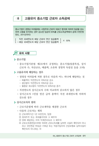 08      고용유지 중소기업 근로자 소득공제


중소기업이 경영상 어려움에도 사업주와 근로자 대표간 합의에 의하여 임금을 감소
하여 고용을 유지하는 경우 감소된 임금의 50%를 근로소득금액에서 공제 (1천만원
한도, 2011년까지)


[ - 해당 과세연도의 해당 근로자 연간 임금총액 ]
  직전 과세연도의 해당 근로자 연간 임금총액
                                 ✕ 50%




  유의 사항

중소기업
     중소기업기본법 제2조에서 규정하는 중소기업(업종특성, 상시
     근로자 수, 자산규모, 매출액, 소유와 경영의 독립성 등을 고려)

고용유지에 해당하는 경우
     경영상 어려움에 처한 경우로 다음의 어느 하나에 해당하는 것
     - 매출액이 직전연도의 10%이상 감소
     - 생산량이 직전연도의 10%이상 감소
     - 월평균 재고량이 직전연도의 50%이상 증가
     직전연도의 상시근로자 수와 비교하여 감소하지 않은 경우
     상시근로자 1인당 연간 급여 총액이 직전 과세연도에 비하여
     감소된 경우

상시근로자의 범위
     근로기준법에 따라 근로계약을 체결한 근로자
     다음의 근로자는 제외
  ①   근로계약기간 1년 미만인자, 임원
  ②   최대주주 또는 최대출자자와 그 배우자
  ③   ②에 해당하는 자의 직계존비속과 그 배우자
  ④   근로소득원천징수부에 의하여 근로소득세를 납부한 사실이 확인되지 아니
      하고 국민연금 부담금 ․ 기여금 또는 직장가입자의 건강보험료 납부사실이
      확인되지 아니하는 자


                         08_고용유지 중소기업 근로자 소득공제 091
 