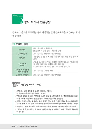중도 퇴직자 연말정산


근로자가 중도에 퇴직하는 경우 퇴직하는 달의 근로소득을 지급하는 때에
연말정산


   연말정산 방법

                 근로기간 동안의 총급여액
     총급여액
                 (총급여액 = 전체 급여 - 비과세 급여)
    근로소득공제       근로기간 동안 안분하여 계산하지 않음
                 기본공제, 추가공제 시 월할 계산하지 않고 인별 요건 충족 시
     인적공제
                 공제
                 근로를 제공하는 기간동안 지출한 비용뿐만 아니라 근로제공기간
     연금보험료
                 외 해당 과세기간에 지출한 비용 공제 가능
      기부금
                   근로기간 외 지출 비용은 종합소득세 신고를 통해 공제
  기부금 외 특별공제
                 근로기간 동안 지출한 비용
   그밖의 소득공제
  근로소득 세액공제      근로기간 동안 안분하여 계산하지 않음




       연말정산 이렇게 하세요

   퇴직하는 달의 급여를 분할하여 지급하는 때에는
   그 급여를 처음 지급하는 때에 연말정산
   연도 중 퇴직하여 다른 근무지에 입사한 경우 퇴직한 직장의 원천징수영수증을 첨부
   하여 새로운 직장에서 종(전)근무지 소득을 합산하여 연말정산
   퇴직시 연말정산에서 공제받지 못한 금액이 있는 경우 다음해 5월에 종합소득세 확정
   신고를 통해 추가로 공제 가능(국세청 홈택스(www.hometax.go.kr)에서 전자신고 가능)
   퇴직으로 인하여 지급받는 급여로서 퇴직소득에 속하지 아니하는 것은 근로소득임
   연말정산을 한 후 퇴직한 직원에게 상여금을 추가로 지급하는 때에는 연말정산을 다시
   하여야 함




098 Ⅳ. 유형별 연말정산 맞춤안내
 