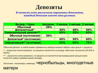 Депозиты
             В системе есть различные варианты депозитов,
                  каждый депозит имеет свои условия.




•Обычный депозит- в любой момент времени вы свободно можете забрать свои деньги + проценты.
•* – досрочное снятие возможно, но проценты начислятся по вкладу «обычный» (из расчета 20-30% в
месяц).
•** – досрочное снятие возможно, но проценты не зачислятся при выводе денег раньше срока
(получите сумму в размере вашего вклада).

•Льготники - пенсионеры, инвалиды,   чернобыльцы, многодетные
матери
 