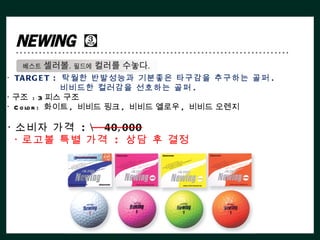 ㆍ TA RG E T : 탁월한 반발성능과 기분좋은 타구감을 추구하는 골퍼 .
               비비드한 컬러감을 선호하는 골퍼 .
ㆍ구조 : 3 피스 구조
ㆍ C o lo r : 화이트 , 비비드 핑크 , 비비드 옐로우 , 비비드 오렌지

ㆍ소비자 가격 :  40, 000
 ㆍ로고볼 특별 가격 : 상담 후 결정
 