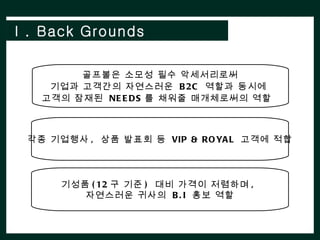 Ⅰ. Back Grounds

         골프볼은 소모성 필수 악세서리로써
     기업과 고객간의 자연스러운 B 2C 역할과 동시에
    고객의 잠재된 NE E D S 를 채워줄 매개체로써의 역할



  각종 기업행사 , 상품 발표회 등 VIP & RO YA L 고객에 적합




      기성품 ( 12 구 기준 ) 대비 가격이 저렴하며 ,
         자연스러운 귀사의 B . I 홍보 역할
 