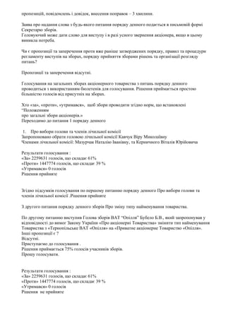 пропозицій, повідомлень і довідок, внесення поправок – 3 хвилини.

Заява про надання слова з будь-якого питання порядку денного подається в письмовій формі
Секретарю зборів.
Головуючий може дати слово для виступу і в разі усного звернення акціонера, якщо в цьому
виникла потреба.

Чи є пропозиції та заперечення проти вже раніше затверджених порядку, правил та процедури
регламенту виступів на зборах, порядку прийняття зборами рішень та організації розгляду
питань?

Пропозиції та заперечення відсутні.

Голосування на загальних зборах акціонерного товариства з питань порядку денного
проводиться з використанням бюлетенів для голосування. Рішення приймається простою
більшістю голосів від присутніх на зборах.

Хто «за», «проти», «утримався», щоб збори проводити згідно норм, що встановлені
“Положенням
про загальні збори акціонерів.»
Переходимо до питання 1 порядку денного

1. Про вибори голови та членів лічильної комісії
Запропоновано обрати головою лічильної комісії Кавчук Віру Миколаївну
Членами лічильної комісії: Мазурчак Наталію Іванівну, та Керничного Віталія Юрійовича

Результати голосування :
«За» 2259631 голосів, що складає 61%
«Проти» 1447774 голосів, що складає 39 %
«Утримався» 0 голосів
Рішення прийняте


Згідно підсумків голосування по першому питанню порядку денного Про вибори голови та
членів лічильної комісії .Рішення прийняте

З другого питання порядку денного зборів Про зміну типу найменування товариства.

По другому питанню виступив Голова зборів ВАТ “Опілля” Бубело Б.В., який запропонував у
відповідності до вимог Закону України «Про акціонерні Товариства» змінити тип найменування
Товариства з «Тернопільське ВАТ «Опілля» на «Приватне акціонерне Товариство «Опілля».
Інші пропозиції є ?
Відсутні.
Приступаємо до голосування .
Рішення приймається 75% голосів учасників зборів.
Прошу голосувати.


Результати голосування :
«За» 2259631 голосів, що складає 61%
«Проти» 1447774 голосів, що складає 39 %
«Утримався» 0 голосів
Рішення не прийняте
 