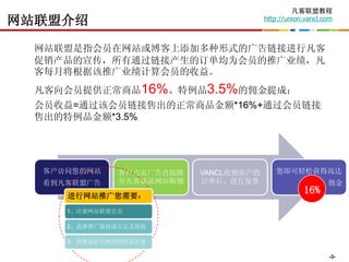 凡客联盟教程
网站联盟介绍                                 http://union.vancl.com



  网站联盟是指会员在网站或博客上添加多种形式的广告链接进行凡客
  促销产品的宣传，所有通过链接产生的订单均为会员的推广业绩，凡
  客每月将根据该推广业绩计算会员的收益。
  凡客向会员提供正常商品16%、特例品3.5%的佣金提成；
  会员收益=通过该会员链接售出的正常商品金额*16%+通过会员链接
  售出的特例品金额*3.5%




  客户访问您的网站    客户点击广告直接跳   VANCL收到客户的      您即可轻松获得高达
  看到凡客联盟广告    至凡客诚品网站购物   订单后，进行发货                         佣金
     进行网站推广您需要：
                                                   16%
     1、注册网站联盟会员

     2、选择推广链接或自定义链接

     3、将链接挂在网站的明显位置

                                                           -3-
 