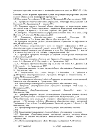 примерных программ является год их издания (не ранее года принятия ФГОС ОО – 2004
г.)
Базовый уровень изучения предметов ведется по примерным программам среднего
полного образования и по авторским программам.
3.3.1Программа. Русский язык. 10-11 класс. Н.Г.Гольцовой. М.: «Русское слово», 2008.
3.3.2 Программы общеобразовательных учреждений. Литература. Под редакцией В.Я.
Коровиной. М.:. Просвещение, 5-11 классы. 2007.
3.3.3. Программа среднего (полного) общего образования по иностранному языку.
Английский язык. //Сборник нормативных документов. Иностранный язык/составитель
Э.Д. Днепров, А.Г.Аркадьев. – 2-е издание, стереотип. –М.: Дрофа, 2008.
3.3.4. Программа общеобразовательных учреждений: немецкий язык. 10-11 класс. Автор
И.Л. Бим, М.А. Лытаева, М.: Просвещение, 2009
3.3.5     Программы      общеобразовательных       учреждений.      Геометрия   10-11
классы./Составитель Т.А. Бурмистрова. Москва «Просвещение», 2009.
3.3.6 Примерная программы среднего (полного) общего образования по информатике и
ИКТ, М.: Просвещение, 2008.
3.3.6.2 Авторская программабазового курса по предмету информатики и ИКТ для
общеобразовательных учреждений старшей школы (10-11 классы) И.Г. Семакина и др.,
рекомендованной Министерством образования и науки РФ/: Информатика. 2-11 классы/
Составитель Бородин М.Н. – М.: БИНОМ. Лаборатория знаний, 2007.
3.3.7.1 Примерная программа по истории для старших классов средней полной школы.
М.:Просвещение, 2004.
3.3.7.2. Авторская программа «Россия и мир. Древность. Средневековье. Новое время» 10
класс. А. А. Данилова и Л. Г. Косулиной. — М.: Просвещение, 2007.
3.3.7.3. Авторская программа «Россия и мир в ХХ веке » 11 класс. А. А. Данилова и Л.
Г. Косулиной. — М.: Просвещение, 2007.
3.3.8 Примерная программа среднего (полного) общего образования по обществознанию.
М.: Просвещение, 2004.
3.3.8.2 Обществознание. 10-11 классы. Авторы: Л.Н Боголюбов, Н.И. Городецкая и
др./Программы общеобразовательных учреждений. История и обществознание. 5-11
классы. М.: Просвещение,2007.
3.3.9 Программа среднего (полного) общего образования по экономике, рекомендованной
Министерством образования. М.: Просвещение, 2004.
3.3.10 Примерная программа среднего (полного) общего образования по праву.
3.3.11 Программа общеобразовательных учреждений. География. 10-11 класс. М.:
Просвещение, 2004.
3.3.12Программа общеобразовательных учреждений. Физика.10-11 класс. М.:
Просвещение, 2004.
3.3.13 Примерная программа среднего (полного) общего образования по химии, базовый
уровень, рекомендованной Министерством образования. М.: Просвещение, 2004.
3.3.13.2Программы курса химии для 8—11 классов общеобразовательных учреждений.
Авторы: И.Г.Остроумов, А.С.Боев. (Программы общеобразовательных учреждений.
Учеб.издание. Серия «Школа Олега Габриеляна». Химия. Остроумов И.Г.,Боев А.С. – М.
Просвещение, 2006.
3.3.14 Примерная программа среднего (полного) общего образования по биологии
3.3.15
3.3.16 Примерная программа среднего (полного) общего образования по технологии
3.3.17 Программа общеобразовательных учреждений среднего (полного) общего
образования по основам безопасности жизнедеятельности. Авторы: Смирнов А.Т.,
Хренников Б.О.
3.3.17.2 Комплексная программа по ОБЖ 5-11 классы под редакцией А.Т.Смирнова

     МОУ СОШ №5                              2011-2012 учебный год.
 