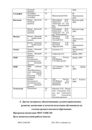 (базовый            11                             2008.
               уровень)
География      География.          10                             М.:
               Экономическая             Максаковский В.П.        Просвещение,
               география                                          2010.
Биология       Общая биология      10    Пономарева     И.Н.,     Вентана-граф,
               (базовый                  Корнилова      О.А.,     2005.
               уровень)                  Лощилина Т.Е. под
                                         ред. Пономаревой
                                         И.Н.
               Общая биология      11    Пономарева     И.Н.,     Вентана-Граф,
               (базовый                  Корнилова      О.А.,     2005.
               уровень)                  Лощилина Т.Е. под
                                         ред. Пономаревой
Физика         Физика (базовый     10    Мякишев         Г.Я.,    М.:
               и    профильный           Буховцев        Б.Б.,    Просвещение,
               уровни)                   Сотский Н.Н. .
                                                                  2009.
               Физика (базовый     11     Мякишев         Г.Я.,   М.:
               и    профильный            Буховцев        Б.Б.,   Просвещение,
               уровни)                    Чаругин В.М.
                                                                  2009.
Химия          Химия (базовый      10    Рудзитис Г.Е.            Просвещение,
               уровень)                                           2010.
               Химия (базовый      11    Габриелян О.С.           Дрофа, 2008.
               уровень)
ОБЖ            Основы              10-    В.П.        Латчук,     Дрофа, 2009.
               безопасности        11     В.В.Марков,
               жизнедеятельнос            С.И. Вангорский
               ти       (базовый
               уровень)
ОБЖ            ОБЖ:      учебник   10-    А.Т.Смирнов,    Б.О.    М.:     .Дрофа,
               для                 11     Хренников               2009.
               общеобразовател
               ьных учреждений
               под         общей
               редакцией А.Т.
               Смирнова
               Основы              11     В.П.       Латчук,      АСТ.: Астрель,
               безопасности               В.В.Марков    под       2009.
               жизнедеятельнос            редакцией    Ю.Л.
               ти       (базовый          Воробьева
               уровень)
Технология     Технология          10-   Овчинин О.П., Матяш
                                   11    Н.В., Симоненко В.Д.
                                         под ред. Симоненко
                                         В.Д.       Технология
                                         (базовый уровень)

         5. Другие материалы, обеспечивающие духовно-нравственное
          развитие, воспитание и качество подготовки обучающихся на
                    ступени среднего (полного) образования.
Программа воспитания МОУ СОШ №5
Цель воспитательной работы школы:

      МОУ СОШ №5                         2011-2012 учебный год.
 