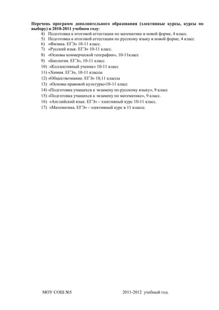 Перечень программ дополнительного образования (элективные курсы, курсы по
выбору) в 2010-2011 учебном году:
    4) Подготовка к итоговой аттестации по математике в новой форме, 4 класс.
    5) Подготовка к итоговой аттестации по русскому языку в новой форме, 4 класс
    6) «Физика. ЕГЭ» 10-11 класс.
    7) «Русский язык. ЕГЭ» 10-11 класс.
    8) «Основы коммерческой географии», 10-11класс
    9) «Биология. ЕГЭ», 10-11 класс.
    10) «Коллективный ученик» 10-11 класс
    11) «Химия. ЕГЭ», 10-11 классы
    12) «Обществознание. ЕГЭ» 10,11 классы
    13) «Основы правовой культуры»10-11 класс
    14) «Подготовка учащихся к экзамену по русскому языку», 9 класс
    15) «Подготовка учащихся к экзамену по математике», 9 класс.
    16) «Английский язык. ЕГЭ» - элективный курс 10-11 класс.
    17) «Математика. ЕГЭ» - элективный курс в 11 классе.




     МОУ СОШ №5                           2011-2012 учебный год.
 