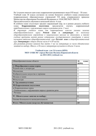 На 1ступени имеется один класс коррекционно-развивающего вида (VII вида) – 3б класс.
Учебный план 3б класса составлен на основе базисного учебного плана специальных
(коррекционных) образовательных учреждений VII вида, утвержденного приказом
Министерства образования Российской Федерации от 10.04.2002 №29 /2065-П.
Продолжительность обучения в начальной школе: 4 года.
В учебном плане отсутствует предмет окружающий мир, но в рамках раздела учебного
плана    Коррекционная       подготовка     предлагается   изучать     коррекционный
курсОзнакомление с окружающим миром и развитие речи- 2 часа.
В структуре учебного плана для коррекционных классов указано наличие
общеобразовательного курса Родной язык и литература, но поскольку
общеобразовательное учреждение к национальным школам не относится, а также
учебные предметы имеют разное содержание государственного стандарта, в школе
изучается отдельно общеобразовательный курс Русский язык и общеобразовательный
курс Литература в общем объеме часов 4+4 (8 часов).
Для развития речевых навыков был введен 1 час на литературу из часов обязательных
занятий по выбору. Итого, в 3б классе литература изучается в объеме 4 часов.

                    Учебный план для 3 б класса (КРО)
            МОУ СОШ №5 города Вятские Поляны Кировской области
                        на 2011-2012 учебный год


Общеобразовательные области                                           3б    класс
                                                                      (КРО)
I. Общеобразовательные курсы
Родной язык и литература                                              8
Математика                                                            5
Изобразительное искусство и черчение                                  1
Музыка и пение                                                        1
Физкультура                                                           2
II. Трудоваяподготовка                                                2
III.Коррекционная подготовка                                          3
а) Коррекционные курсы                                                2
- Ознакомление с окружающим миром и развитие речи
- Ритмика                                                             1
IV. Обязательные занятия по выбору:                                   1
Основы безопасности жизнедеятельности                                 1
Итого: Обязательная нагрузка обучающегося                             23




      МОУ СОШ №5                            2011-2012 учебный год.
 