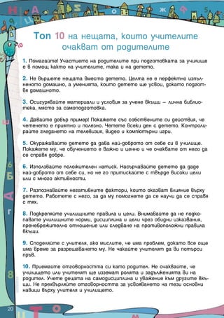 Топ 10 на нещата, които учителите
                очакват от родителите
       1. Помагайте! Участието на родителите при подготовката за училище
       е в помощ както на учителите, така и на детето.

       2. Не вършете нещата вместо детето. Целта не е перфектно изпъл-
       неното домашно, а уменията, които детето ще усвои, докато подгот-
       вя домашното.

       3. Осигурявайте материали и условия за учене вкъщи – лична библио-
       тека, място за самоподготовка.

       4. Давайте добър пример! Покажете със собствените си действия, че
       четенето е приятно и полезно. Четете всеки ден с детето. Контроли-
       райте гледането на телевизия, видео и компютърни игри.

       5. Окуражавайте детето да дава най-доброто от себе си в училище.
       Покажете му, че обучението е важно и ценно и че очаквате от него да
       се справя добре.

       6. Използвайте положителен натиск. Насърчавайте детето да даде
       най-доброто от себе си, но не го притискайте с твърде високи цели
       или с много активности.

       7. Разпознавайте негативните фактори, които оказват влияние върху
       детето. Работете с него, за да му помогнете да се научи да се справя
       с тях.

       8. Подкрепяйте училищните правила и цели. Внимавайте да не подко-
       павате училищните норми, дисциплина и цели чрез обидни изказвания,
       пренебрежително отношение или следване на противоположни правила
       вкъщи.

       9. Споделяйте с учителя, ако мислите, че има проблем, докато все още
       има време за разрешаването му. Не чакайте учителят да ви потърси
       пръв.

       10. Приемайте отговорността си като родител. Не очаквайте, че
       училището или учителят ще изземат ролята и задълженията ви на
       родител. Учете децата на самодисциплина и уважение към другите вкъ-
       щи. Не прехвърляйте отговорността за усвояването на тези основни
       навици върху учителя и училището.


20  
 