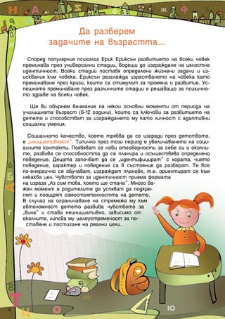 Да разберем
              задачите на възрастта...
       Според популярния психолог Ерик Ериксън развитието на всеки човек
     преминава през универсални стадии, водещи до изграждане на цялостна
     идентичност. Всеки стадий поставя определени жизнени задачи и из-
     исквания към човека. Ериксън разглежда израстването на човека като
     преминаване през кризи, които са стимулът за промяна и развитие. Ус-
     пешното преминаване през различните стадии е решаващо за психично-
     то здраве на всеки човек.

        Ще ви обърнем внимание на някои основни моменти от периода на
     училищната възраст (6-12 години), които са ключови за развитието на
     детето и способстват за изграждането му като личност с адаптивни
     социални умения.

       Социалното качество, което трябва да се изгради през детството,
     е „инициативност”. Типично през този период е увеличаването на соци-
     алните контакти. Появяват се нови отговорности за себе си и околни-
     те, развива се способността да се планира и осъществява определено
     поведение. Децата започват да се „идентифицират” с хората, чието
     поведение, характер и поведение са в състояние да разберат. Те все
     по-енергично се обучават, изграждат планове, т.е. ориентират се към
     някаква цел. Чувството за идентичност приема формата
     на израза „Аз съм това, което ще стана”. Много ва-
     жен момент е родителите да успяват да подкре-
     пят и поощрят самостоятелността на детето.
     В случай на ограничаване на стремежа му към
     автономност детето развива чувството за
     „вина” и става неинициативно, зависимо от
     околните, липсва му целеустременост за по-
      ставяне и постигане на реални цели.




4 
 