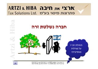 ‫חברה נשלטת זרה‬


                                                                    ‫תחולת חנ"ז‬
                                                                     ‫על פעילות‬
                                                                     ‫פאסיבית?‬


     ‫רח' מנחם בגין 7, רמת-גן 18625 טל: 1114316-30 פקס: 3113316-30‬
‫81‬   ‫שדרות פלי"ם 61, חיפה 59033 טל: 11818119-40 פקס: 8818119-40‬
 