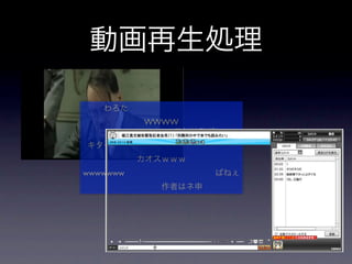 動画再生処理

  わろた           
       WWWW
           これはひどい
キターーーーーーーーー       
       カオスｗｗｗ
wwwwwww           ぱねぇ
         作者はネ申
 
