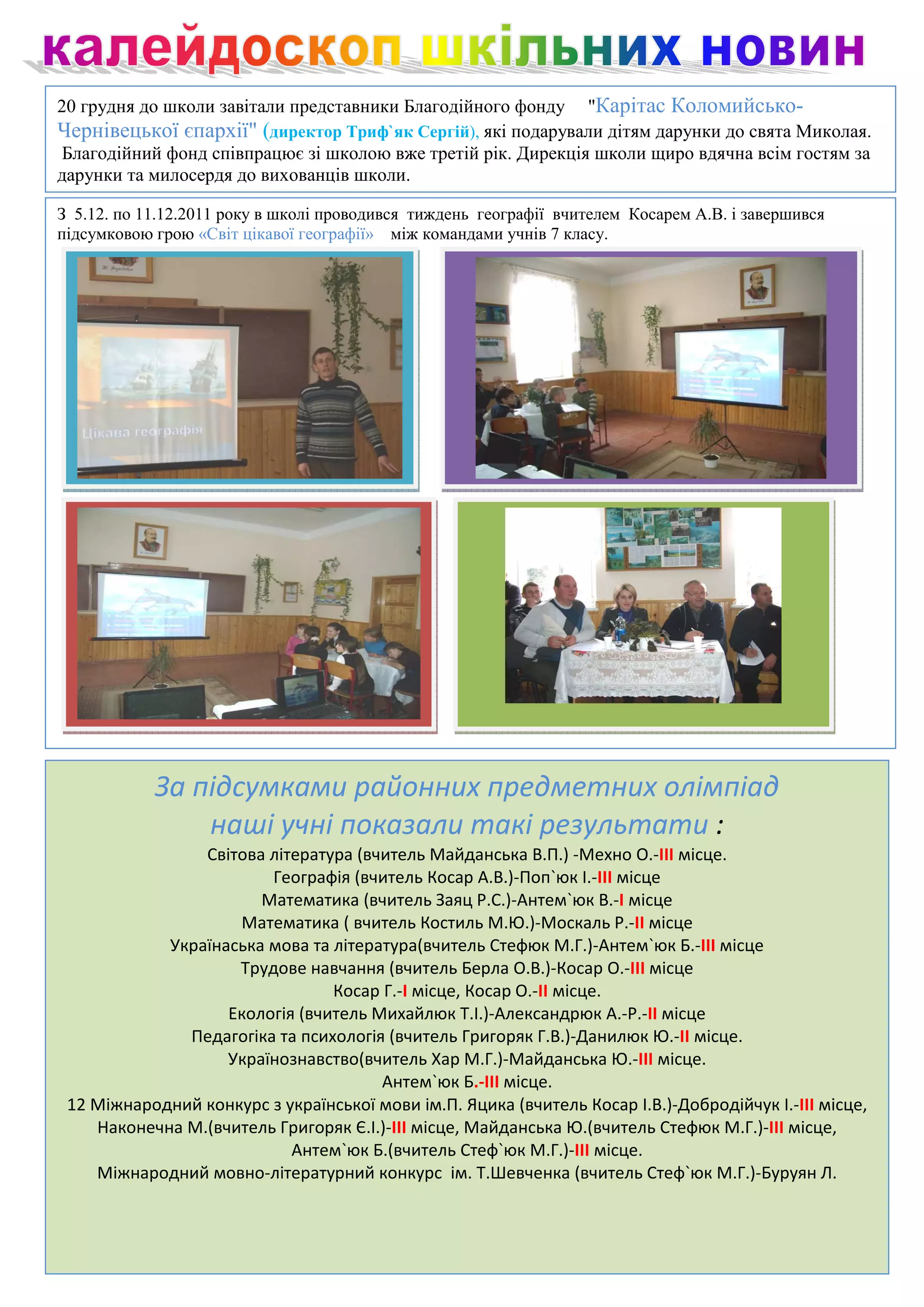 20 грудня до школи завітали представники Благодійного фонду "Карітас Коломийсько-
Чернівецької єпархії" (директор Триф`як Сергій), які подарували дітям дарунки до свята Миколая.
Благодійний фонд співпрацює зі школою вже третій рік. Дирекція школи щиро вдячна всім гостям за
дарунки та милосердя до вихованців школи.

З 5.12. по 11.12.2011 року в школі проводився тиждень географії вчителем Косарем А.В. і завершився
підсумковою грою «Світ цікавої географії» між командами учнів 7 класу.




            За підсумками районних предметних олімпіад
                наші учні показали такі результати :
                Світова література (вчитель Майданська В.П.) -Мехно О.-ІІІ місце.
                        Географія (вчитель Косар А.В.)-Поп`юк І.-ІІІ місце
                       Математика (вчитель Заяц Р.С.)-Антем`юк В.-І місце
                    Математика ( вчитель Костиль М.Ю.)-Москаль Р.-ІІ місце
            Українаська мова та література(вчитель Стефюк М.Г.)-Антем`юк Б.-ІІІ місце
                    Трудове навчання (вчитель Берла О.В.)-Косар О.-ІІІ місце
                                Косар Г.-І місце, Косар О.-ІІ місце.
                   Екологія (вчитель Михайлюк Т.І.)-Александрюк А.-Р.-ІІ місце
              Педагогіка та психологія (вчитель Григоряк Г.В.)-Данилюк Ю.-ІІ місце.
                   Українознавство(вчитель Хар М.Г.)-Майданська Ю.-ІІІ місце.
                                      Антем`юк Б.-ІІІ місце.
 12 Міжнародний конкурс з української мови ім.П. Яцика (вчитель Косар І.В.)-Добродійчук І.-ІІІ місце,
    Наконечна М.(вчитель Григоряк Є.І.)-ІІІ місце, Майданська Ю.(вчитель Стефюк М.Г.)-ІІІ місце,
                           Антем`юк Б.(вчитель Стеф`юк М.Г.)-ІІІ місце.
    Міжнародний мовно-літературний конкурс ім. Т.Шевченка (вчитель Стеф`юк М.Г.)-Буруян Л.
 