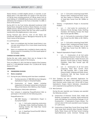 ANNUAL REPORT 2011 - 2012
8
Shares thereon, to 8,032 eligible persons, in tranches, as per
details given in the table below (on receipt of the issue price
of ` 60 per share including premium of ` 58 per share), from its
total holding of 1,25,00,000 Equity Shares which were issued &
allotted by the Company to the Trust on December 14, 2009, in
terms of the Scheme.
During 2011-12, the Trust further allocated/ transferred 3,550
Equity Shares alongwith the Bonus Shares thereon, to 4 more
eligible persons, thereby leaving a balance of 18,49,117 Equity
Shares including Bonus shares with the Trust which would be
transferred to the eligible persons in due course.
During ﬁnancial year 2011-12, none of the shares was
transferred/ allocated to Senior Managerial Personnel by the
Trust in terms of the Scheme.
It is conﬁrmed that:
(a) there is no employee who has been issued shares in any
one year amounting to 5% or more shares issued during
that year; and
(b) there is no employee who is entitled to shares under the
Scheme equal to or exceeding 1% of the issued capital of
the Company.
CHANGES IN SHARE CAPITAL
During the year under report, there was no change in the
Paid-up Equity Share Capital of the Company.
Thus, as on March 31, 2012, the Paid-up Capital of the Company
stood at ` 4,25,28,66,364 divided into 2,12,64,33,182 Equity
Shares of ` 2 each.
OPERATIONS
1.0 ENGINEERING DIVISION
1.1 Works completed
1.1.1 During the year, following works have been completed:
(i) Turnkey execution of 1000 MW Karcham Wangtoo
Hydroelectric Project in Himachal Pradesh;
(ii) Construction of Sewer System including
replacement of old sewer raising main at Parikarma
Marg at Varindavan, Distt. Mathura, Uttar Pradesh.
1.1.2 Prequaliﬁcations / Bids Under submission
Your company is preparing Prequaliﬁcations/ Bids to
participate in the tenders for the following works :
Prequaliﬁcations for :
i. 600 MW Tawang – I Hydroelectric Project in
Arunachal Pradesh :
1. Lot – 1 : Civil works comprising construction
of Barrage, Intake, Desilting Chambers, Silt
Flushing Tunnels, Part Head Race Tunnel
upto RD 1529m;
2. Lot – 2 : Head Race Tunnel from RD 1529m to
RD 13950m; and
3. Lot – 3 : Civil works comprising Surge Shaft,
Pressure Shaft, Underground Power House,
Tail Race System & Pothead Yard & Part
of Head Race Tunnel from RD 13950m to
13987m
ii. Tawang – II Hydroelectric Project in Arunanchal
Pradesh :
1. Lot – 1 : Civil works for construction of
Diversion Tunnel, Barrage, Intake, Desilting
Chambers, Silt Flushing Tunnels, Part Head
Race Tunnel upto RD 1944m;
2. Lot – 2 : Civil works for construction of Head
Race Tunnel from RD 1944m to RD 15947m;
and
3. Lot – 3 : Civil works comprising Surge Shaft,
Pressure Shaft, Underground Power House,
Tail Race System & Pothead Yard & Part
of Head Race Tunnel from RD 15947m to
15989m.
iii. Teesta-IV Hydroelectric Project in Sikkim:
1. Lot – 1 : Construction of all Civil works
comprising of Diversion Tunnel, Coffer Dam,
Concrete Gravity Dam, Intake Structure and
Diversion Tunnel Gates & Hoists, Desilting
Chambers, Head Race Tunnels upto RD
1780m; and
2. Lot – 2 : Construction of all Civil works
comprising Head Race Tunnels (from
RD 1780 onwards), Adit 2, Surge Shafts,
Pressure Shafts, Underground Power House,
Transformer Hall, Tail Race Tunnels and
Pothead Yard etc.
1.1.3 Your Company has also submitted Application for
Prequaliﬁcation for balance work related to Concrete
Dam, Diversion works, Intake and 1.35 Km HRT of Vyasi
Hydroelectric Project, District Dehradun, Uttarakhand
and is expected to be qualiﬁed for the Project.
1.1.4 New Contracts
During the year reported, your Company was awarded
the following contracts :
(i) Construction of Diversion Tunnel, Dam, Intake and
Desilting Arrangement including Hydro-mechanical
works and Highway Tunnel (Contract Package C-1) of
Punatsanchhu – II Hydroelectric Project, Bhutan. The
contract value of the work awarded to your Company
is ` 1,224 Crores.
(ii) Construction of Head Race Tunnel (from Surge Shaft
end), Surge Shaft, Butterﬂy Valve Chamber, Pressure
Shafts, Power House and Tail Race Tunnel including
Hydro-Mechanical works (Contract Package C-3)
 