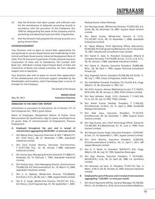 19
iii) that the Directors had taken proper and sufﬁcient care
for the maintenance of adequate accounting records in
accordance with the provisions of the Companies Act,
1956 for safeguarding the assets of the Company and for
preventing and detecting fraud and other irregularities;
iv) that the Directors had prepared the annual accounts on a
going concern basis.
ACKNOWLEDGEMENT
Your Directors wish to place on record their appreciation for
and gratitude to various Departments and Undertakings of the
Central and State Governments, Industrial Development Bank of
India, The Life Insurance Corporation of India, General Insurance
Corporation of India and its Subsidiaries, IFCI Limited, ICICI
Bank Ltd., AXIS Bank Limited, Export-Import Bank of India and
Consortium of Banks and valued customers, for their valuable
support and co-operation.
Your Directors also wish to place on record their appreciation
of the wholehearted and continued support extended by the
Shareholders and Investors, which had always been a source of
strength for the Company.
On behalf of the Board
MANOJ GAUR
May 30, 2012 Executive Chairman
ANNEXURE TO THE DIRECTORS’ REPORT
Information in pursuance to Sub-section 2A of Section 217 of
the Companies Act, 1956 is given below:
Name of Employees, Designation/ Nature of Duties, Gross
Remuneration (`), Qualiﬁcation, Age (in years), total Experience
(in years), Date of commencement of Employment, Previous
Employment:
A. Employed throughout the year and in receipt of
remuneration aggregating `60,00,000/- or more per annum
1. Shri Manoj Gaur, Executive Chairman & CEO, ` 48,624,777,
B.E. (Civil Hons.), 48, 27, November 1,1985, Jaiprakash
Industries Limited.
2. Shri Sunil Kumar Sharma, Executive Vice-Chairman,
` 32,917,203, B.Sc., 52, 34, January 1,1986, Jaiprakash
Industries Limited.
3. Shri Sunny Gaur, Managing Director (Cement), `17,888,513,
Graduate, 43, 19, February 1, 1992, Jaiprakash Industries
Limited.
4. Shri Pankaj Gaur, Joint Managing Director (Construction),
`16,096,224, B.E (Instrumentation), 41, 19, March 12, 2004,
Jaiprakash Industries Limited.
5. Shri S. D. Nailwal, Whole-time Director, `10,298,854,
B.A.(Com.), F.C.S., 64, 46, July 1, 1986, Jaypee Hotels Limited.
6. Shri R. K. Singh, Whole-time Director, `10,237,161, B.Sc.,
B.E (Hons.), (Civil Engineering), 67, 44, September 1, 2007,
Railway Board, Indian Railways
7. Shri Ranvijay Singh, Whole-time Director, `13,953,792, B.E.
(Civil), 46, 24, December 14, 2007, Gujarat Anjan Cement
Limited.
8. Shri Rahul Kumar, Whole-time Director & C.F.O.,
`12,725,497, F.C.A., 44, 19, November 1, 2006, Jaiprakash
Enterprises Limited.
9. Dr. Yajulu Medury, Chief Operating Ofﬁcer (Education),
`9,943,603, Ph.D (Engineering Mechanics), 54, 27, December
15, 2001, Educational Consultants India Limited.
10. Shri Harish K. Vaid, Sr. President (Corporate Affairs) &
Company Secretary, `10,310,005, B.Com., D.C.P., LL.B, F.C.S.,
58, 39, January 1,1986, Jaiprakash Industries Limited.
11. Shri Ashok K. Sharma, Executive President, `6,890,200,
M.Sc., 58, 38, April 1, 1995, Jaypee Technical Consultants
Private Ltd.
12. Brig. Yogendar Parimu, President, `6,768,206, B.E.(Civil), 71,
49, July 1, 1995, Corps of Engineers, Indian Army.
13. Shri Atal Behari Kaushal, President, ` 6,110,354, B.Sc. Engg.
(Mech.), 72, 46, December 3, 1997, CCI.
14. Shri B.P.S. Kwatra, Advisor (Marketing Co-od.), ` 7,154,873,
M.SC.(AG), 69, 44, January 2, 2003, Prism Cement Limited.
15. Shri Ram Bahadur Singh, C.F.O. (Cement), ` 11,641,320,
F.C.A., 62, 39, July 15,1993, THDC Limited.
16. Shri Ashok Kumar Dembla, President, ` 7,166,322,
B.E.(Chemical), A.I.M.A., 53, 31, April 2, 2009, Humboldt
Wedag International.
17. Shri Alok Gaur, Executive President, `7,167,916,
B.E.(Electrical), 49, 26, December 1, 2009, Gujarat Anjan
Cement Limited.
18. Shri Vijai Kumar Jain, Chief Technology Ofﬁcer (Cement),
`12,365,493, B.E.(Mechanical), 61, 41, June 2, 1999, Prism
Cement Limited.
19. Shri Naveen Kumar Singh, Executive President, 13,970,491,
B.Com, 37, 14, September 1, 1997, Jaypee Cement Limited.
20. Shri Amit Sharma, Executive President, 8,343,976,
B.E.(Instrumentation) & M.B.A., 43, 21, April 1, 2011, MP
Jaypee Minerals Limited.
21. Shri G. V. Bhatt, Sr. President, `6,874,577, B.Sc. Engg.
(Mech.), 69, 46, July 10, 1995, Rajasthan Beverages.
22. Shri Ajay Sharma, Executive President, ` 10,574,061,
M.B.M.(H.R.), LL.B., 56, 33, April 26, 1986, J.K. Synthetics
Limited.
23. Shri Bhanwar Lal Saini, Sr. President, `7,341,723, Dip. in
Mech., A.M.I.E, 64, 45, October 25, 2005, Kesoram Industries
Limited.
B. Employedforpartoftheyearandinreceiptofremuneration
aggregating ` 5,00,000/- or more per month.
1. Shri Grant Raymond Jeffries, General Manager, `4,728,936,
M.B.A., 43, 24, March 2, 2010, Centra Grand Island Maldives.
 