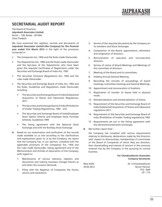 25
SECRETARIAL AUDIT REPORT
The Board of Directors,
Jaiprakash Associates Limited,
Sector – 128, Noida - 201304,
Uttar Pradesh.
We have examined the registers, records and documents of
Jaiprakash Associates Limited (the Company) for the ﬁnancial
year ended 31st March 2012 in the light of the provisions
contained in-
and the bye-laws of the Depositories who have been
given the requisite Certiﬁcates of Registration under the
Securities and Exchange Board of India Act, 1992
rules made thereunder.
the Rules, Guidelines and Regulations made thereunder
including:
Acquisition of Shares and Takeovers) Regulations,
2011.
of Insider Trading Regulations), 1992 and
Stock Option Scheme and Employee Stock Purchase
Scheme), Guidelines 1999
Exchange and with the Bombay Stock Exchange
A. Based on our examination and veriﬁcation of the records
made available to us and according to the clariﬁcations
and explanations given to us by the Company, we report
that the Company has, in our opinion, complied with the
applicable provisions of the Companies Act, 1956 and
the rules made thereunder, listing agreement and of the
Memorandum and Articles of Association of the Company,
with regard to:
1. Maintenance of various statutory registers and
documents and making necessary changes therein as
and when the occasion demands.
2. Filing with the Registrar of Companies the Forms,
returns and resolutions.
3. Service of the requisite documents by the Company on
its members and Stock Exchanges.
4. Composition of the Board, appointment, retirement
and resignation of directors.
5. Remuneration of executive and non-executive
directors.
6. Service of notice of Board Meetings and Meetings of
the committee of directors.
7. Meeting of the Board and its committees.
8. Holding Annual General Meeting.
9. Recording the minutes of proceedings of board
meetings, committee meetings and General Meetings.
10. Appointment and remuneration of Auditors.
11. Registration of transfer of shares held in physical
mode.
12. Dematerialisation and rematerialisation of shares.
13. Requirement of the Securities and Exchange Board of
India (Substantial Acquisition of Shares and Takeovers)
regulations 2011.
14. Requirement of the Securities and Exchange Board of
India (Prohibition of Insider Trading regulations) 1992
15. Requirements set out in the listing agreement with
the aforementioned stock exchanges.
B. We further report that –
the Company has complied with various requirements
relating to disclosures, declarations made by the Directors
with respect to directorships, memberships of committees
of the Board of Companies of which they are directors,
their shareholding and interest of concern in the contracts
entered into by the Company in the pursuing its normal
business.
For Chandrasekaran Associates
Company Secretaries
New Delhi Dr. S Chandrasekaran
29.05.2012 Senior Partner
FCS: 1644
CP : 715
 
