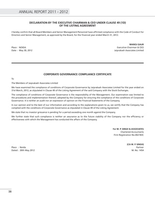 ANNUAL REPORT 2011 - 2012
38
DECLARATION BY THE EXECUTIVE CHAIRMAN & CEO UNDER CLAUSE 49 (1D)
OF THE LISTING AGREEMENT
I hereby conﬁrm that all Board Members and Senior Management Personnel have afﬁrmed compliance with the Code of Conduct for
Directors and Senior Management, as approved by the Board, for the ﬁnancial year ended March 31, 2012.
MANOJ GAUR
Place : NOIDA Executive Chairman & CEO
Date : May 30, 2012 Jaiprakash Associates Limited
CORPORATE GOVERNANCE COMPLIANCE CERTIFICATE
To
The Members of Jaiprakash Associates Limited
We have examined the compliance of conditions of Corporate Governance by Jaiprakash Associates Limited for the year ended on
31st March, 2012, as stipulated in Clause 49 of the Listing Agreement of the said Company with the Stock Exchanges.
The compliance of conditions of Corporate Governance is the responsibility of the Management. Our examination was limited to
the procedures and implementation thereof, adopted by the Company for ensuring the compliance of the conditions of Corporate
Governance. It is neither an audit nor an expression of opinion on the Financial Statements of the Company.
In our opinion and to the best of our information and according to the explanations given to us, we certify that the Company has
complied with the conditions of Corporate Governance as stipulated in Clause 49 of the Listing Agreement.
We state that no investor grievance is pending for a period exceeding one month against the Company.
We further state that such compliance is neither an assurance as to the future viability of the Company nor the efﬁciency or
effectiveness with which the Management has conducted the affairs of the Company.
For M. P. SINGH & ASSOCIATES
Chartered Accountants
Firm Registration No.002183C
(CA M. P. SINGH)
Place : Noida Partner
Dated : 30th May 2012 M. No. 1454
 