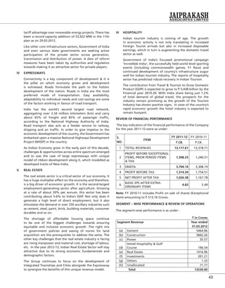 43
tariff advantage over renewable energy projects. There has
been a record capacity addition of 53,922 MW in the 11th
plan as on 29.03.2012.
Like other core infrastructure sectors, Government of India
and even various state governments are seeking active
participation of the private sector across generation,
transmission and distribution of power. A slew of reform
measures have been taken by authorities and regulators
towards making it an attractive sector for private players.
IV EXPRESSWAYS
Connectivity is a key component of development & it is
the pillar on which economy grows and development
is witnessed. Roads formulate the path to the holistic
development of the nation. Roads in India are the most
preferred mode of transportation. Easy availability,
adaptability to individual needs and cost savings are some
of the factors working in favour of road transport.
India has the world’s second largest road network,
aggregating over 3.34 million kilometers (km) and carry
about 65% of freight and 85% of passenger trafﬁc,
according to the National Highway Authority of India.
Road transport also acts as a feeder service to railway,
shipping and air trafﬁc. In order to give impetus to the
economic development of the country, the Government has
embarked upon a massive National Highways Development
Project (NHDP) in the country.
As Indian Economy grew in the early part of this decade,
challenges & opportunities across entire spectrum emerged
and so was the case of large expressways with unique
model of ribbon development along it, which modelled as
developed tracks of New India.
V. REAL ESTATE
The real estate sector is a critical sector of our economy. It
has a huge multiplier effect on the economy and therefore,
is a big driver of economic growth. It is the second-largest
employment-generating sector after agriculture. Growing
at a rate of about 20% per annum, this sector has been
contributing about 5-6% to India’s GDP. Not only does it
generate a high level of direct employment, but it also
stimulates the demand in over 250 ancillary industries such
as cement, steel, paint, brick, building materials, consumer
durables and so on.
The shortage of affordable housing space continue
to be one of the biggest challenges towards ensuring
equitable and inclusive economic growth .The right mix
of government policies and easing of norms for land
acquisition are the prerequisites to address the same. The
other key challenges that the real estate industry is facing
are rising manpower and material cost, shortage of labour,
etc. In the year 2012-13, Indian Real Estate Sector will stay
attractive due to its strong economic fundamentals and
demographic factors.
The Group continues to focus on the development of
Integrated Townships and Cities alongside the Expressway
to synergize the beneﬁts of this unique revenue model.
VI HOSPITALITY
Indian tourism industry is coming of age. The growth
in economic activity is not only translating in increased
Foreign Tourist arrivals but also in increased disposable
earnings, which in turn is augmenting the domestic travel
sector as well.
Government of India’s focussed promotional campaign
‘Incredible India’, the successfully held world level sporting
events (including commonwealth games, F1 Race) and
continued development of country’s infrastructure augur
well for Indian tourism industry. The reports of hospitality
sector has predicted robust recovery in Indian Tourism.
The contribution from Travel & Tourism to Gross Domestic
Product (GDP) is expected to grow to ` 5,438 billion by the
Financial year 2019-20. With India share being just 1.2%
of total demand of global travel, the prospects for the
industry remain promising as the growth of the Tourism
Industry has shown positive signs. In view of the country’s
rapid economic growth the hotel industry is expected to
remain buoyant.
REVIEW OF FINANCIAL PERFORMANCE
The key indicators of the ﬁnancial performance of the Company
for the year 2011-12 were as under:
S.
NO.
ITEM
FY 2011-12 FY 2010-11
` CR. ` CR.
1 TOTAL REVENUES 13,117.61 13,318.71
2
PROFIT BEFORE EXCEPTIONAL
ITEMS, PRIOR PERIOD ITEMS
& TAX
1,308.25 1,240.51
3 EBIDTA 3,704.14 3,308.19
4 PROFIT BEFORE TAX 1,314.34 1,754.51
5 NET PROFIT AFTER TAX 1,026.38 1,167.78
6
BASIC EPS AFTER EXTRA-
ORDINARY ITEMS
4.83 5.49
Note: FY 2010-11 includes Proﬁt on sale of shares (Exceptional
item) amounting to ` 513.16 Crores.
SEGMENT – WISE PERFORMANCE & REVIEW OF OPERATIONS
The segment-wise performance is as under :
` in Crores
Segment Revenue Year ended
31.03.2012
(a) Cement 5464.96
(b) Construction 5842.26
(c) Power 35.57
(d)
Hotel/ Hospitality & Golf
Course 196.54
(e) Real Estate 1416.96
(f) Investments 201.21
(g) Others 1.33
(h) Unallocated 71.77
Total 13230.60
 