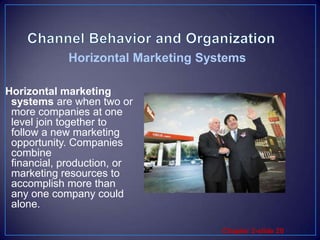 Channel Behavior and OrganizationHorizontal marketing systems are when two or more companies at one level join together to follow a new marketing opportunity. Companies combine financial, production, or marketing resources to accomplish more than any one company could alone.Horizontal Marketing Systems 